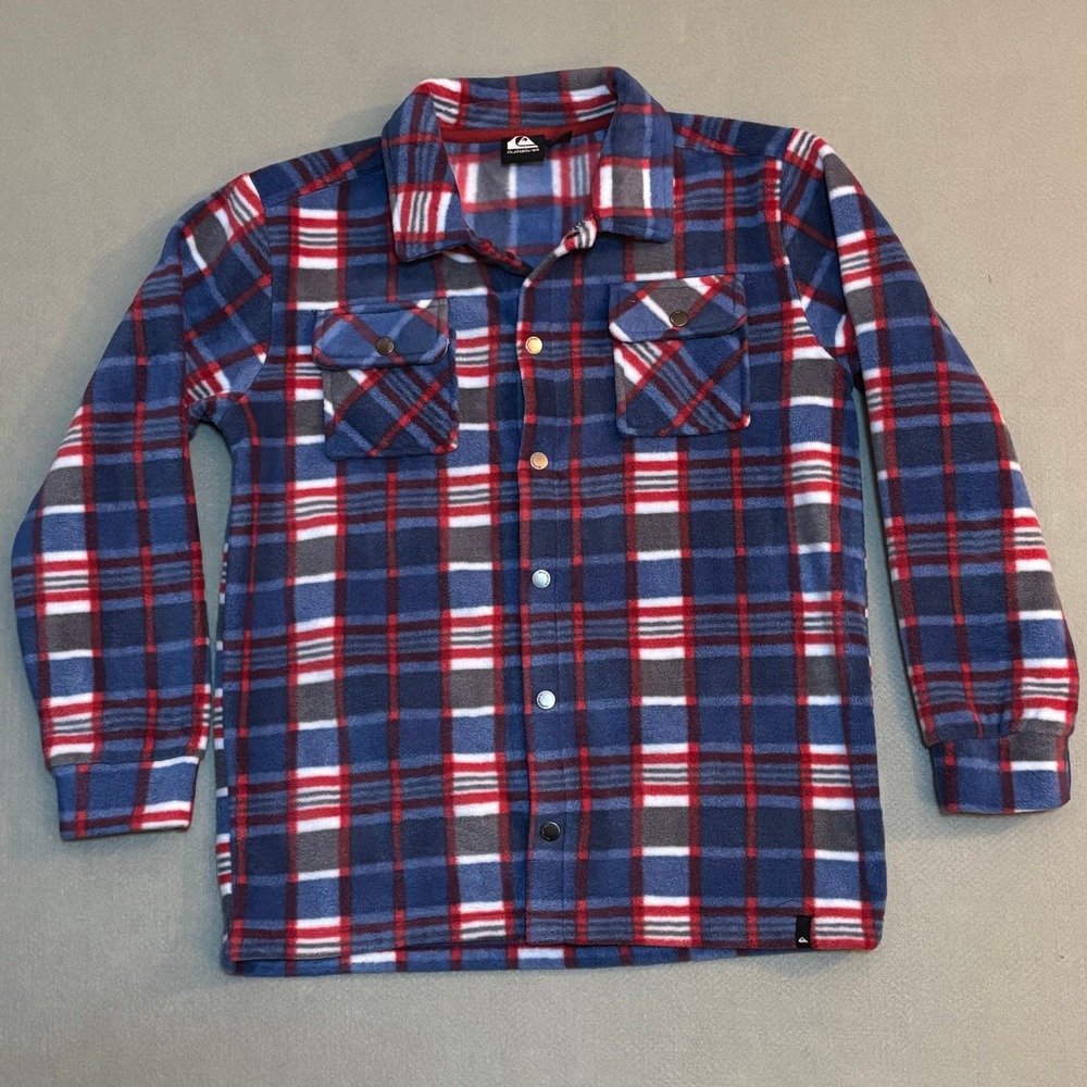 Quiksilver Mens Fleece Plaid Shirt Jacket Blue Red Snap Front Size L 14/16